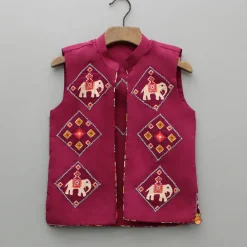 Online Wine Patola Printed Kurta With Front Open Jacket And Pyjama BOY Twinning Sets | Indian Ethnic Wear