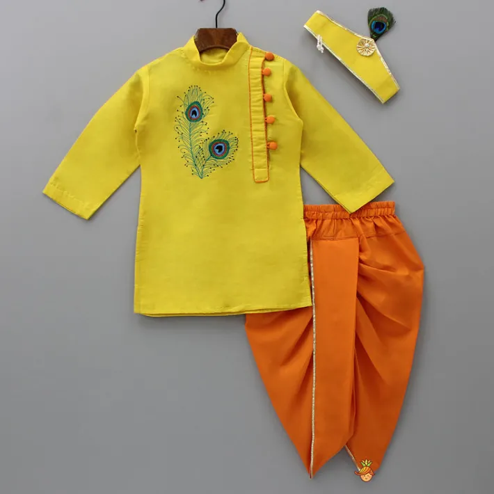 Online Yellow Embroidered Kurta And Dhoti With Mukut BOY Indian Ethnic Wear | Ethnic Sets