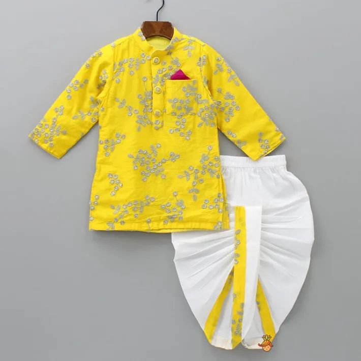 Clearance Yellow Embroidered Kurta And White Dhoti BOY Indian Ethnic Wear | Ethnic Sets