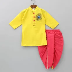 Discount Yellow Embroidered Kurta And Dhoti With Krishna Head Band BOY Indian Ethnic Wear | Ethnic Sets