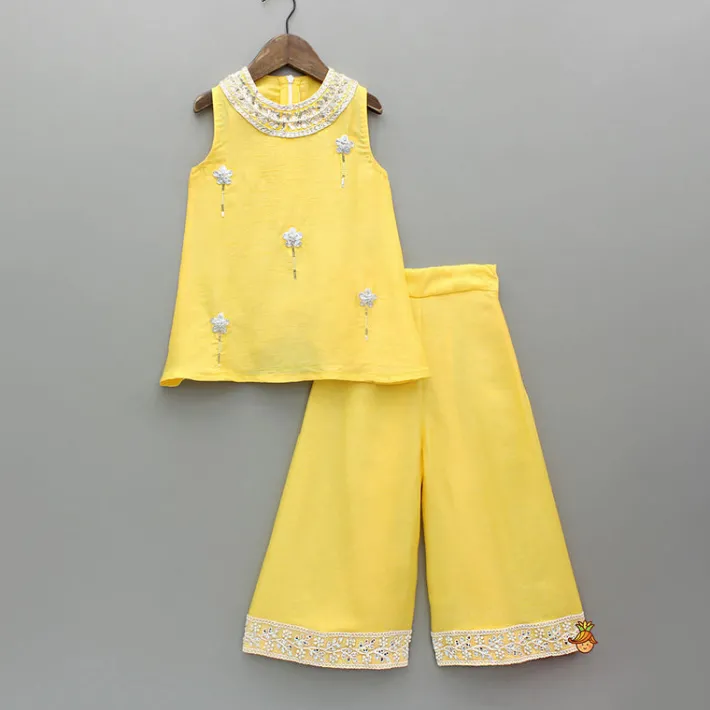 New Yellow Embroidered Kurti And Flared Palazzo Ethnic Wear | Palazzos & Shararas