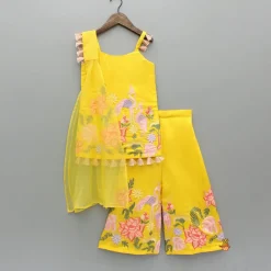 Online Yellow Embroidered Strappy Kurti And Flared Palazzo With Dupatta Ethnic Wear | Palazzos & Shararas