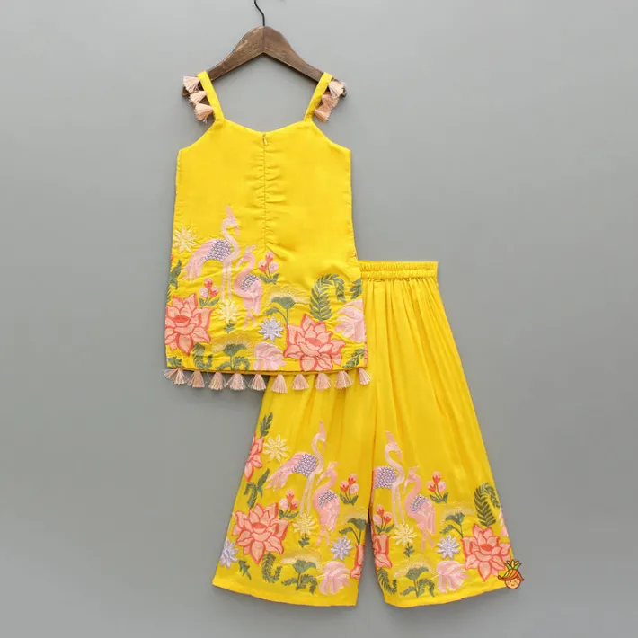 Online Yellow Embroidered Strappy Kurti And Flared Palazzo With Dupatta Ethnic Wear | Palazzos & Shararas
