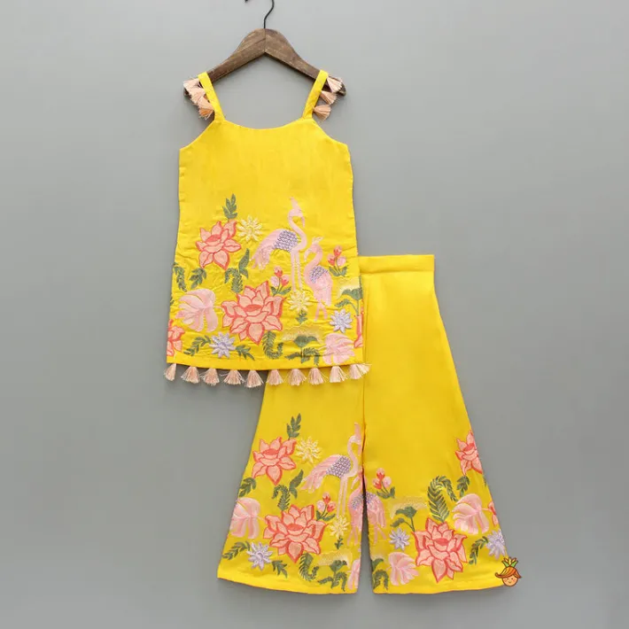 Online Yellow Embroidered Strappy Kurti And Flared Palazzo With Dupatta Ethnic Wear | Palazzos & Shararas