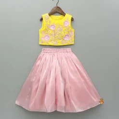 Clearance Yellow Embroidered Top And Pink Flared Lehenga Ethnic Wear | Lehengas & Ghagras