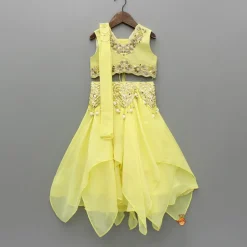Outlet Yellow Embroidered Top And Stylish Layered Lehenga With Dupatta Ethnic Wear | Lehengas & Ghagras