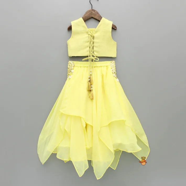 Outlet Yellow Embroidered Top And Stylish Layered Lehenga With Dupatta Ethnic Wear | Lehengas & Ghagras