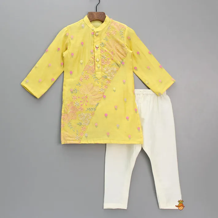 Fashion Yellow Floral Embroidered Kurta And Pyjama BOY Indian Ethnic Wear | Ethnic Sets