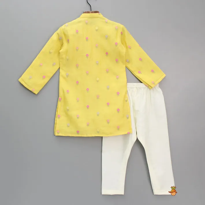 Fashion Yellow Floral Embroidered Kurta And Pyjama BOY Indian Ethnic Wear | Ethnic Sets