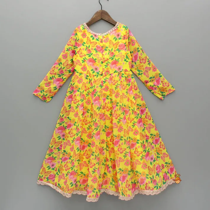 Hot Yellow Floral Printed Flared Long Kurti Ethnic Wear | Kurtis & Jumpsuits