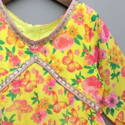 Hot Yellow Floral Printed Flared Long Kurti Ethnic Wear | Kurtis & Jumpsuits