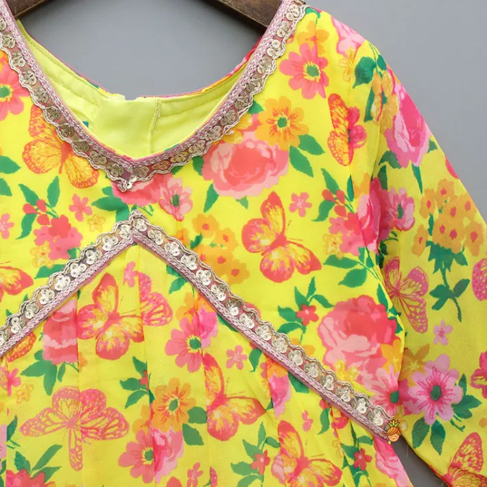 Hot Yellow Floral Printed Flared Long Kurti Ethnic Wear | Kurtis & Jumpsuits