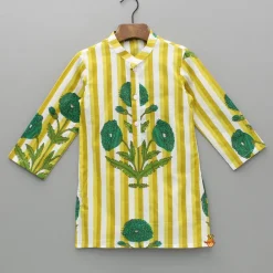 New Yellow Floral Printed Kurta With Gota Lace Detailed Jacket And Pyjama BOY Twinning Sets | Indian Ethnic Wear
