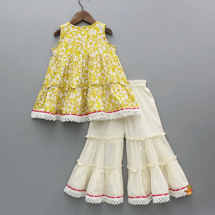 Sale Yellow Floral Printed Top And Tiered Sharara Ethnic Wear | Palazzos & Shararas