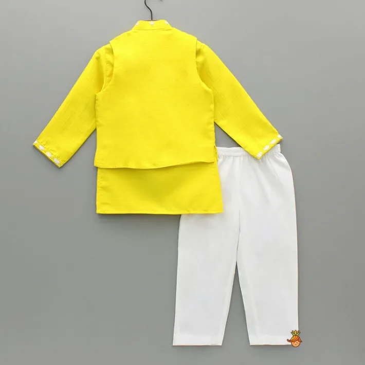 New Yellow Ganpati Embroidered Jacket With Matching Kurta And Pyjama BOY Indian Ethnic Wear | Ethnic Sets