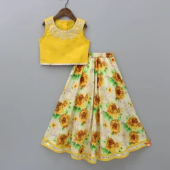 New Yellow Gota Lace Embroidered Top With Floral Printed Lehenga And Net Dupatta Ethnic Wear | Lehengas & Ghagras