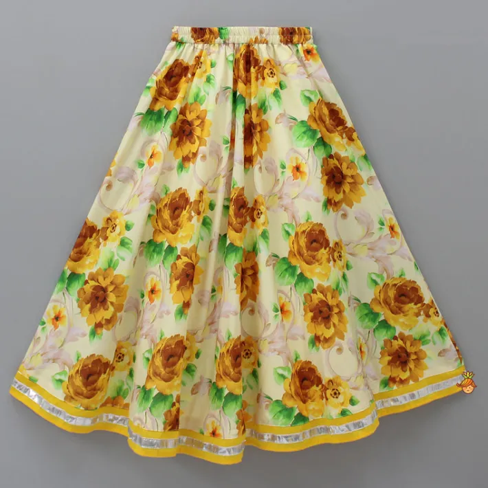 New Yellow Gota Lace Embroidered Top With Floral Printed Lehenga And Net Dupatta Ethnic Wear | Lehengas & Ghagras