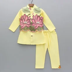 Outlet Yellow Kurta And Floral Embroidered Jacket With Pyjama BOY Indian Ethnic Wear | Ethnic Sets