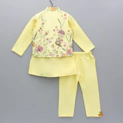 Outlet Yellow Kurta And Floral Embroidered Jacket With Pyjama BOY Indian Ethnic Wear | Ethnic Sets