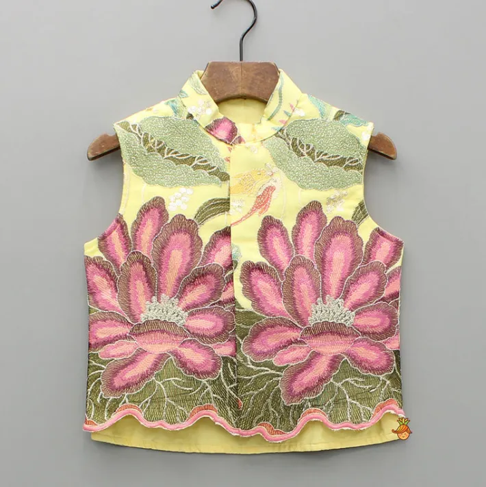 Outlet Yellow Kurta And Floral Embroidered Jacket With Pyjama BOY Indian Ethnic Wear | Ethnic Sets