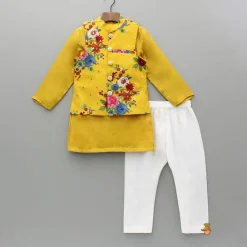 Outlet Yellow Kurta And Floral Printed Embroidered Jacket With Pyjama BOY Twinning Sets | Indian Ethnic Wear