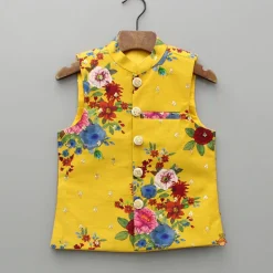 Outlet Yellow Kurta And Floral Printed Embroidered Jacket With Pyjama BOY Twinning Sets | Indian Ethnic Wear
