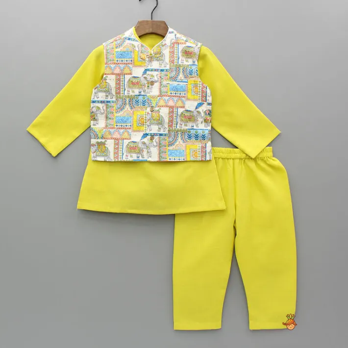 Clearance Yellow Kurta With Printed Embroidered Jacket And Pyjama BOY Indian Ethnic Wear | Ethnic Sets