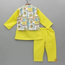 Clearance Yellow Kurta With Printed Embroidered Jacket And Pyjama BOY Indian Ethnic Wear | Ethnic Sets