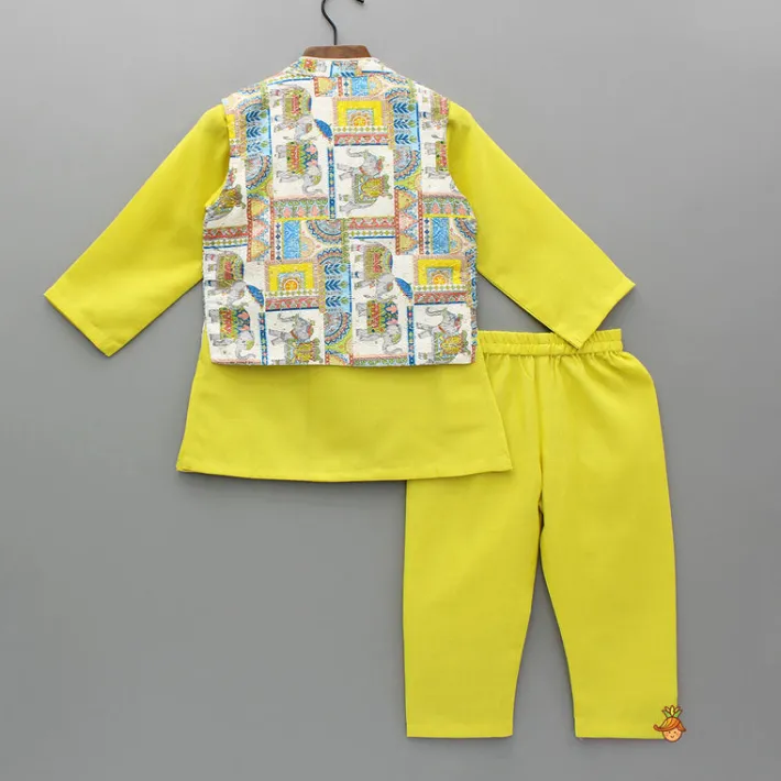 Clearance Yellow Kurta With Printed Embroidered Jacket And Pyjama BOY Indian Ethnic Wear | Ethnic Sets