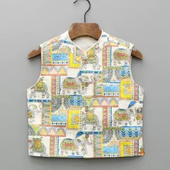 Clearance Yellow Kurta With Printed Embroidered Jacket And Pyjama BOY Indian Ethnic Wear | Ethnic Sets