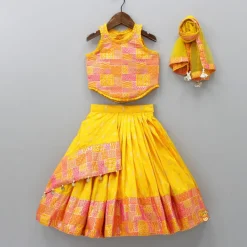 Discount Yellow Multicolour Brocade Printed Top With Pleated Flap Lehenga And Net Dupatta Ethnic Wear | Lehengas & Ghagras