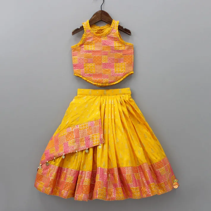 Discount Yellow Multicolour Brocade Printed Top With Pleated Flap Lehenga And Net Dupatta Ethnic Wear | Lehengas & Ghagras