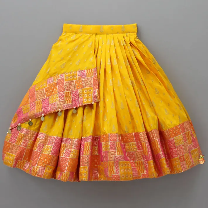Discount Yellow Multicolour Brocade Printed Top With Pleated Flap Lehenga And Net Dupatta Ethnic Wear | Lehengas & Ghagras