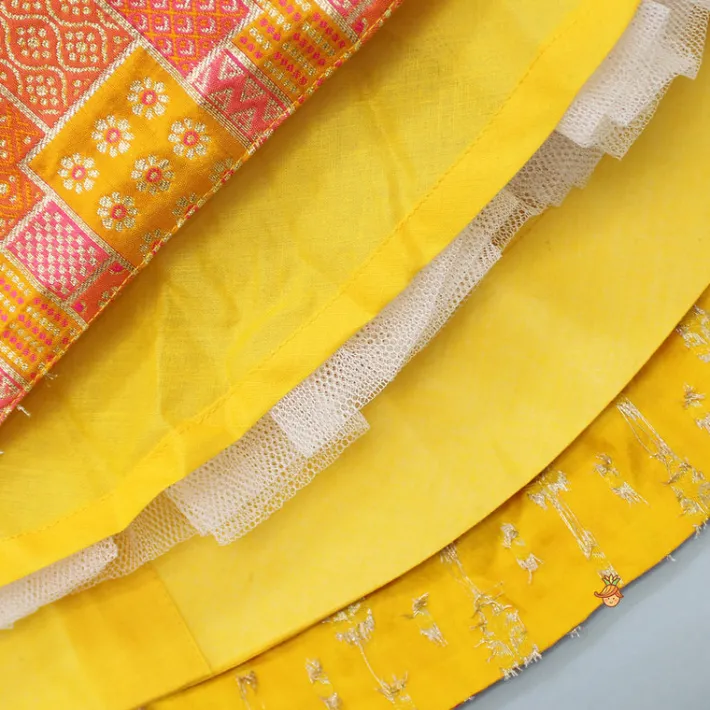 Discount Yellow Multicolour Brocade Printed Top With Pleated Flap Lehenga And Net Dupatta Ethnic Wear | Lehengas & Ghagras