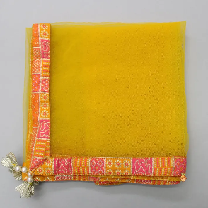 Discount Yellow Multicolour Brocade Printed Top With Pleated Flap Lehenga And Net Dupatta Ethnic Wear | Lehengas & Ghagras