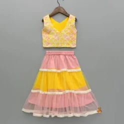 Sale Yellow Printed Embroidered Top And Dual Tone Lehenga With Dupatta Ethnic Wear | Lehengas & Ghagras