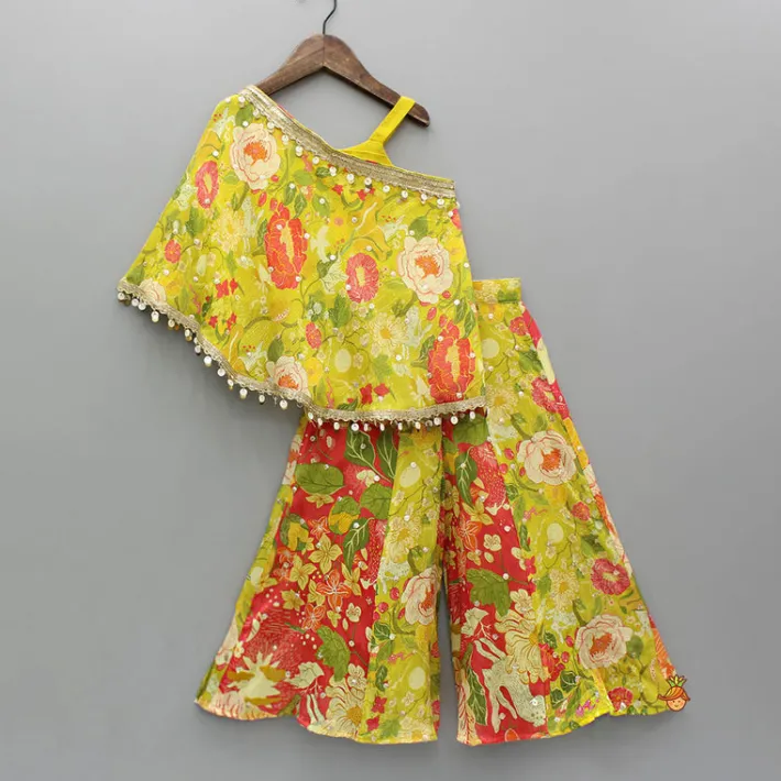 New Yellow Strappy Top With Multicolour Printed Cape And Palazzo Ethnic Wear | Palazzos & Shararas
