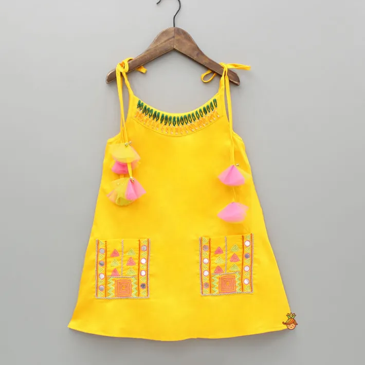 Discount Yellow Thread Embroidered Neckline Strappy Kurti With Patiala Ethnic Wear | Dhotis & Patialas
