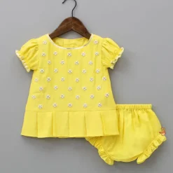 Fashion Yellow Top Embroidered With Pearls And Bloomer Twinning Sets | Baby Essentials