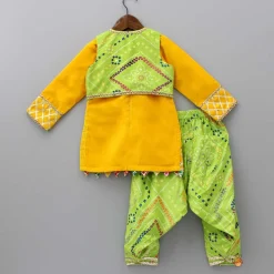 New Yellow Velvet Kurti With Bandhani Printed Tie Up Jacket And Salwar With Matching Dupatta Ethnic Wear | Churidars & Salwars