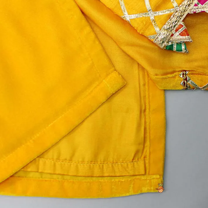 New Yellow Velvet Kurti With Bandhani Printed Tie Up Jacket And Salwar With Matching Dupatta Ethnic Wear | Churidars & Salwars
