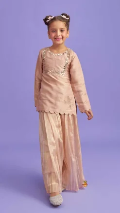 Fashion Yoke Mirror Work Peach Tissue Kurti And Flared Pleated Palazzo With Dupatta Ethnic Wear | Palazzos & Shararas