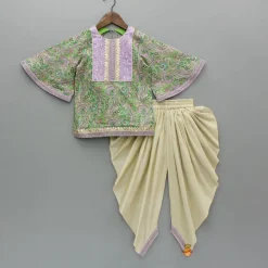 Fashion Yoke-Embroidered Green Top with Beige Dhoti Ethnic Wear | Dhotis & Patialas