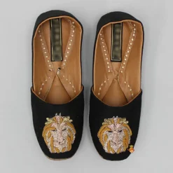 Clearance Zari And Thread Embroidered Lion Face Black Jutti BOY Shoes