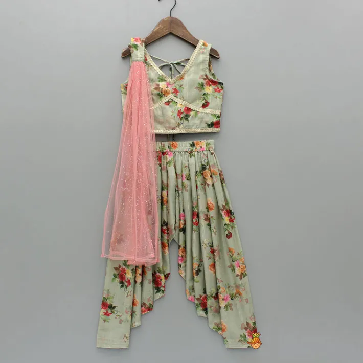 Online Zari Sequined Floral Printed Sage Green Top And Lurex Striped Patiala With Sparkling Dupatta Ethnic Wear | Dhotis & Patialas