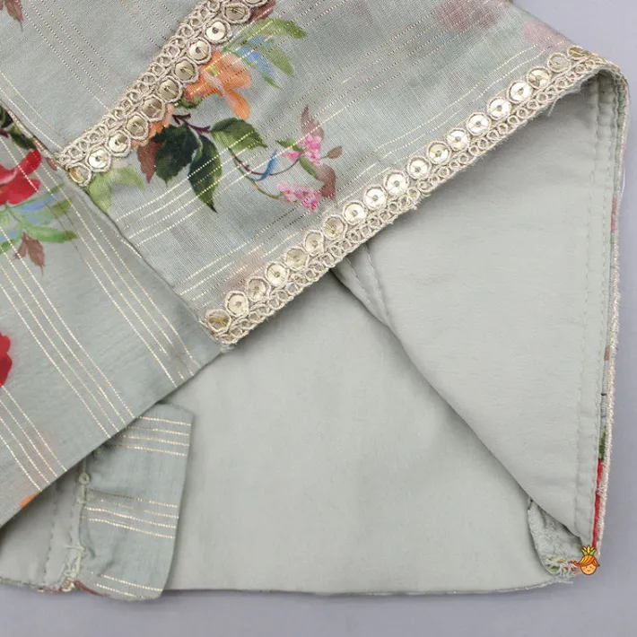 Online Zari Sequined Floral Printed Sage Green Top And Lurex Striped Patiala With Sparkling Dupatta Ethnic Wear | Dhotis & Patialas