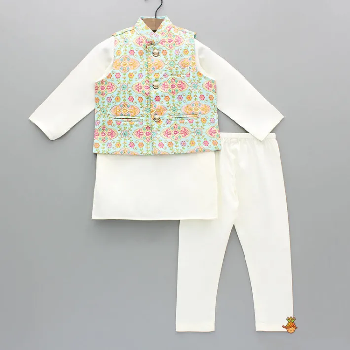 Outlet Zari Thread Embroidered And Floral Printed Ethnic Jacket With Off White Kurta And Pyjama BOY Indian Ethnic Wear | Ethnic Sets