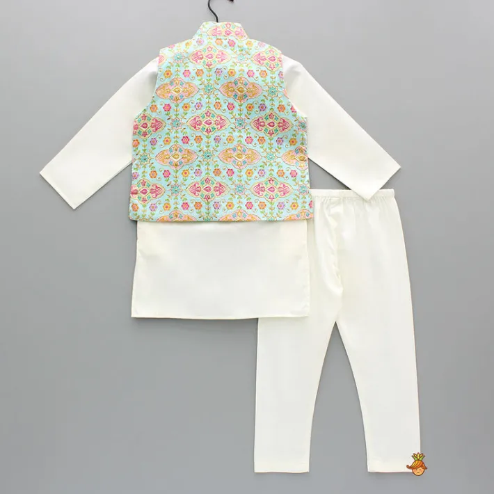 Outlet Zari Thread Embroidered And Floral Printed Ethnic Jacket With Off White Kurta And Pyjama BOY Indian Ethnic Wear | Ethnic Sets