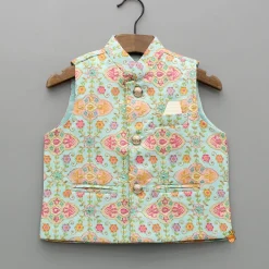 Outlet Zari Thread Embroidered And Floral Printed Ethnic Jacket With Off White Kurta And Pyjama BOY Indian Ethnic Wear | Ethnic Sets
